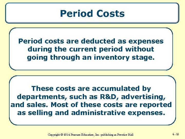 Period Costs Period costs are deducted as expenses during the current period without going