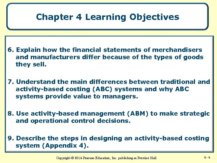 Chapter 4 Learning Objectives 6. Explain how the financial statements of merchandisers and manufacturers