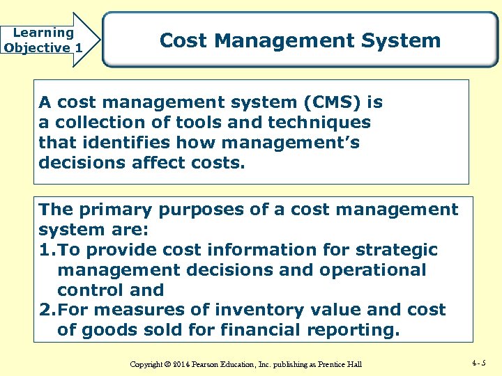 Learning Objective 1 Cost Management System A cost management system (CMS) is a collection