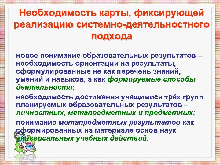 Необходимость карты, фиксирующей реализацию системно-деятельностного подхода новое понимание образовательных результатов – необходимость ориентации на