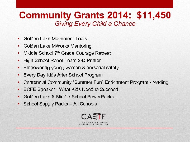 Community Grants 2014: $11, 450 Giving Every Child a Chance • • • Golden