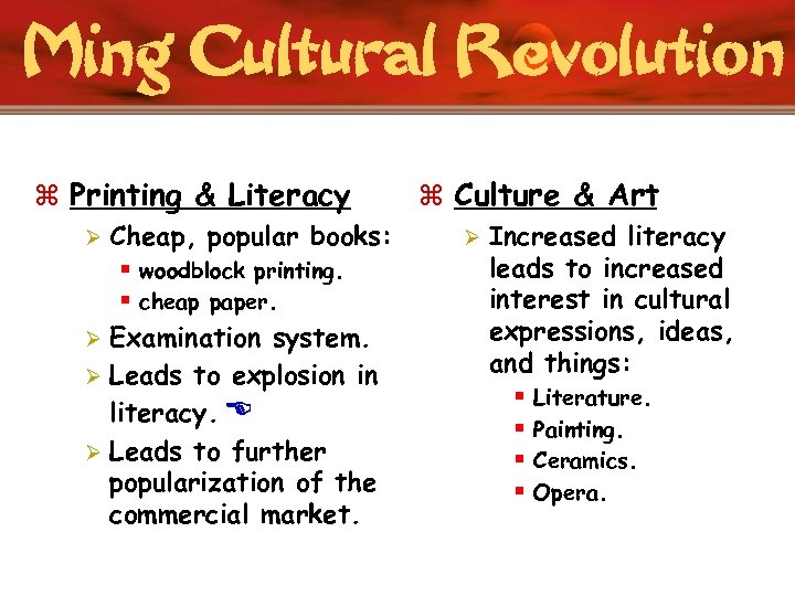 Ming Cultural Revolution z Printing & Literacy Ø Cheap, popular books: § woodblock printing.