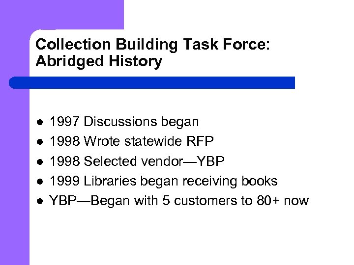 Collection Building Task Force: Abridged History l l l 1997 Discussions began 1998 Wrote