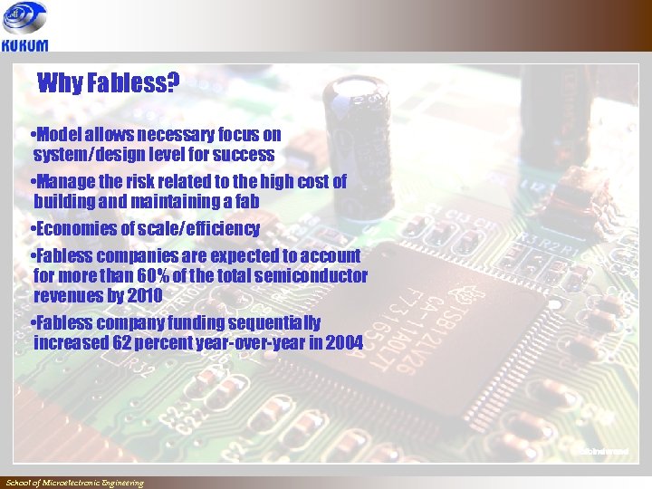 Why Fabless? • Model allows necessary focus on system/design level for success • Manage