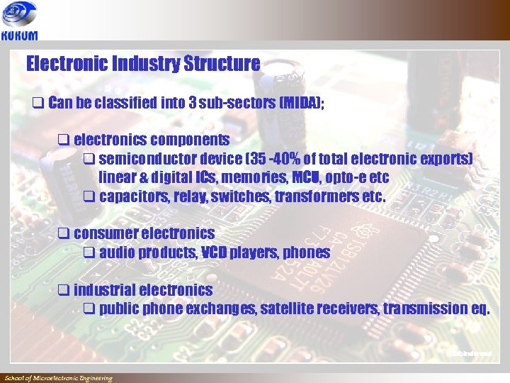 Electronic Industry Structure q Can be classified into 3 sub-sectors (MIDA); q electronics components