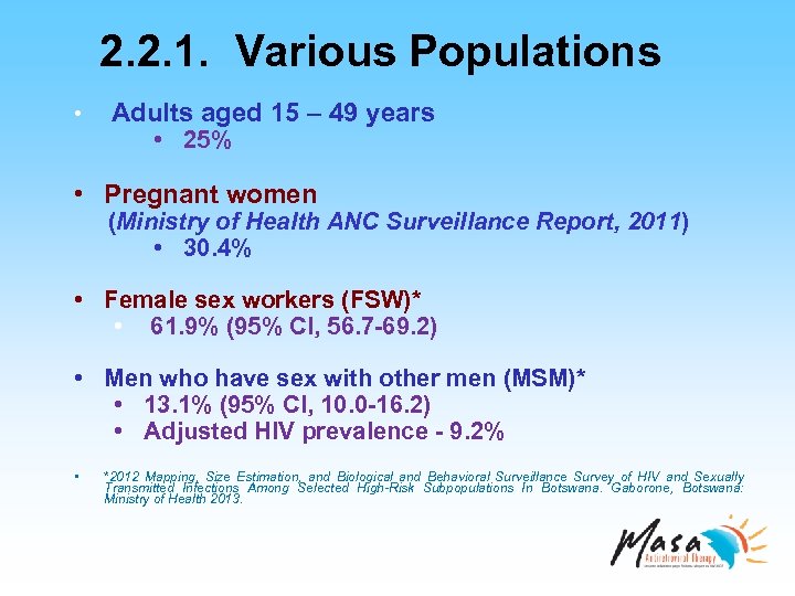 2. 2. 1. Various Populations • Adults aged 15 – 49 years • 25%