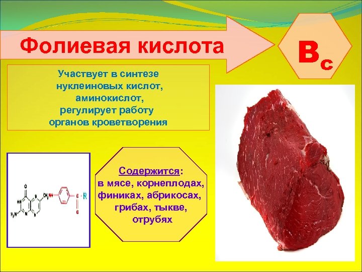 Фолиевая кислота Участвует в синтезе нуклеиновых кислот, аминокислот, регулирует работу органов кроветворения Содержится: в