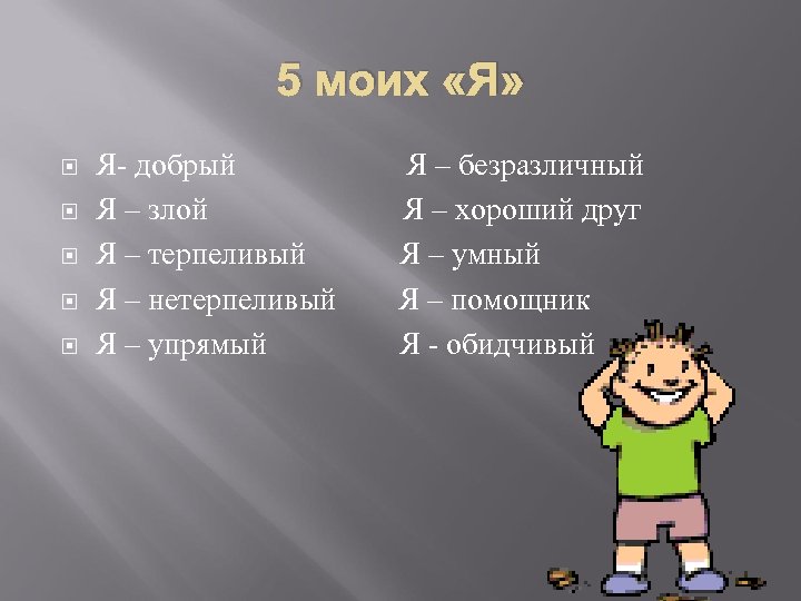 5 моих «Я» Я- добрый Я – злой Я – терпеливый Я – нетерпеливый