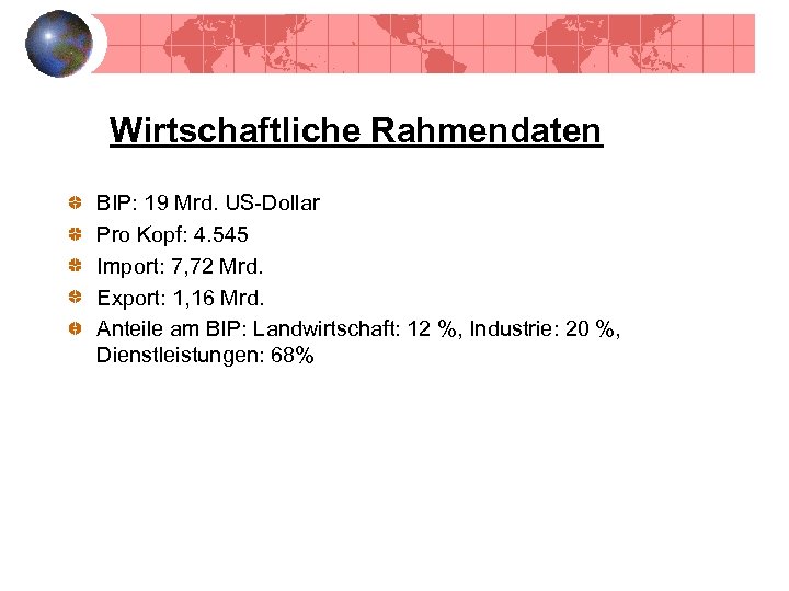 Wirtschaftliche Rahmendaten BIP: 19 Mrd. US-Dollar Pro Kopf: 4. 545 Import: 7, 72 Mrd.