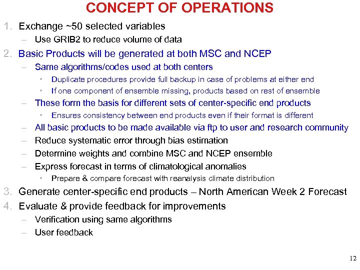 CONCEPT OF OPERATIONS 1. Exchange ~50 selected variables – Use GRIB 2 to reduce