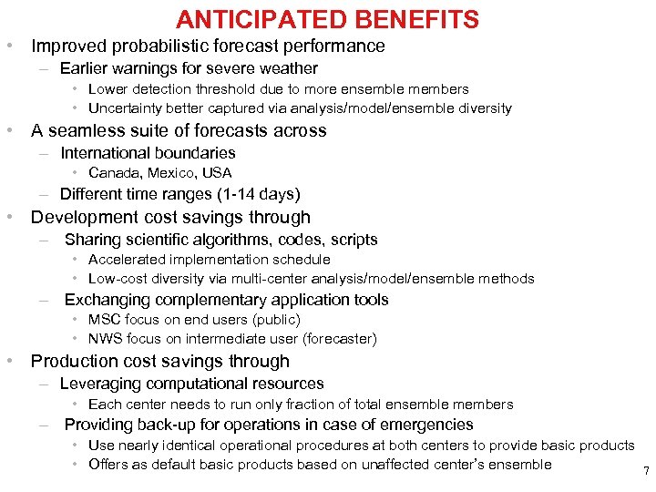 ANTICIPATED BENEFITS • Improved probabilistic forecast performance – Earlier warnings for severe weather •