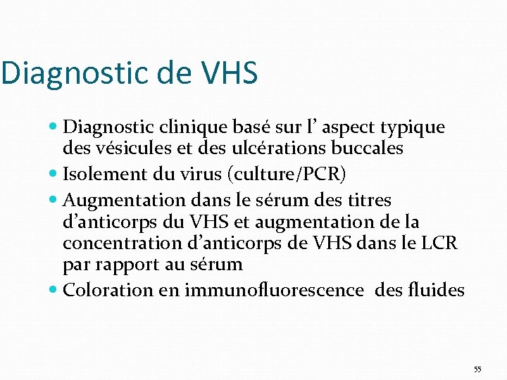 Diagnostic de VHS Diagnostic clinique basé sur l’ aspect typique des vésicules et des