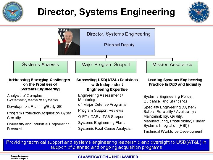 Director, Systems Engineering Principal Deputy Systems Analysis Addressing Emerging Challenges on the Frontiers of