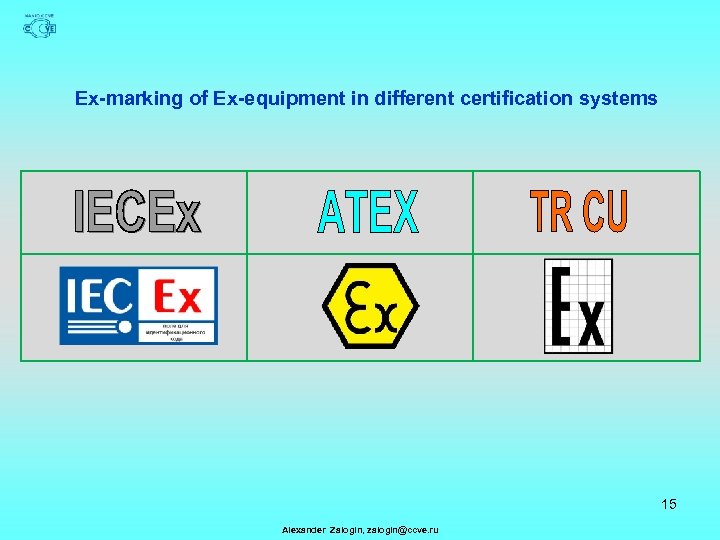 Ex-marking of Ex-equipment in different certification systems 15 Alexander Zalogin, zalogin@ccve. ru 