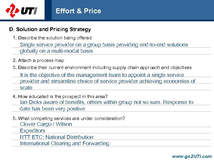 Effort & Price D. Solution and Pricing Strategy 1. Describe the solution being offered