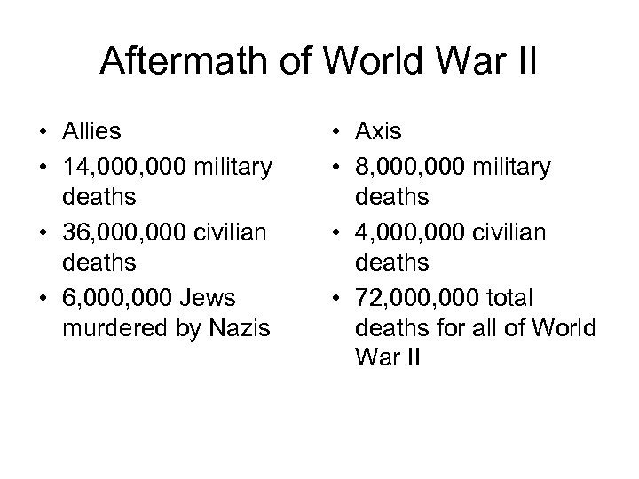 Aftermath of World War II • Allies • 14, 000 military deaths • 36,