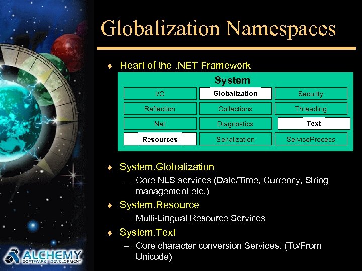 Globalization Namespaces ¨ Heart of the. NET Framework System I/O Globalization Security Reflection Collections