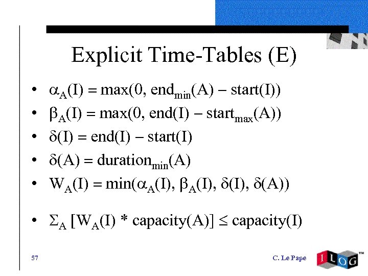 Explicit Time-Tables (E) • • • a. A(I) = max(0, endmin(A) - start(I)) b.