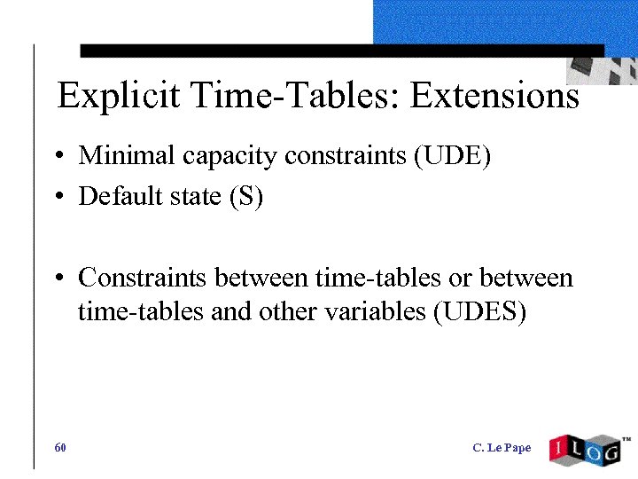 Explicit Time-Tables: Extensions • Minimal capacity constraints (UDE) • Default state (S) • Constraints