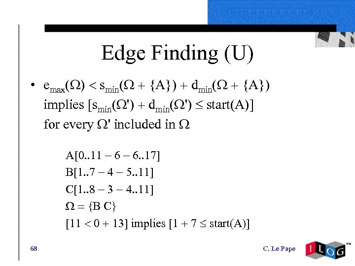 Edge Finding (U) • emax(W) < smin(W + {A}) + dmin(W + {A}) implies