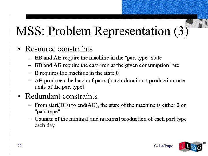 MSS: Problem Representation (3) • Resource constraints – – BB and AB require the
