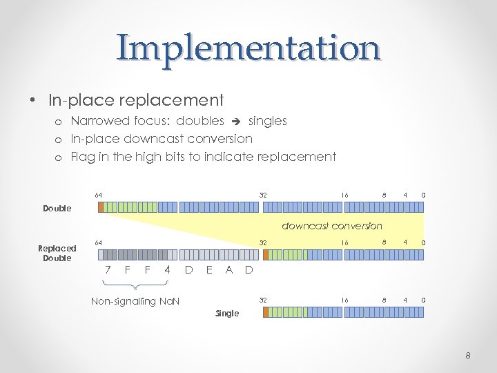 Implementation • In-place replacement o Narrowed focus: doubles singles o In-place downcast conversion o