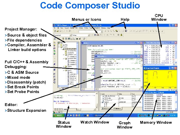 Code Composer Studio Menus or Icons Help CPU Window Project Manager: ØSource & object