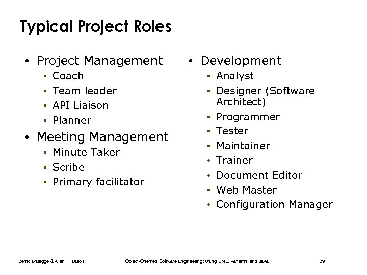 Typical Project Roles • Project Management • • Coach Team leader API Liaison Planner