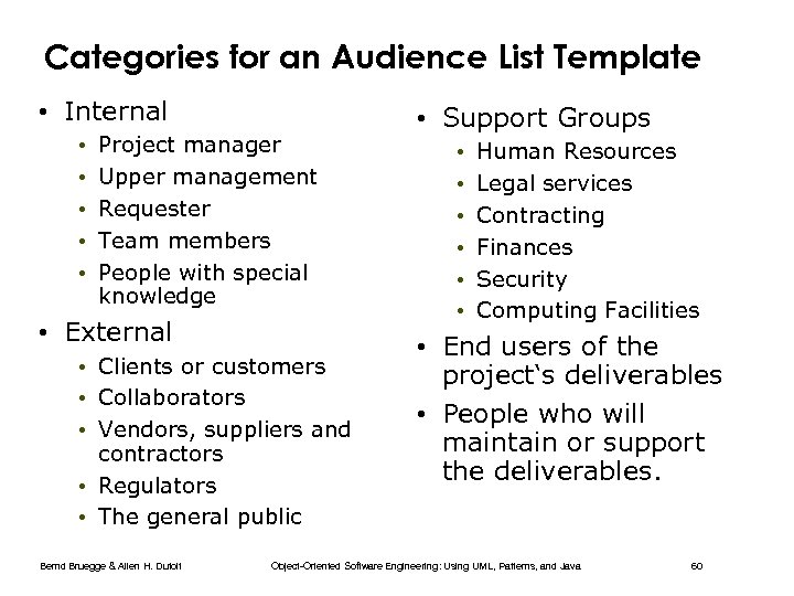 Categories for an Audience List Template • Internal • • • Project manager Upper