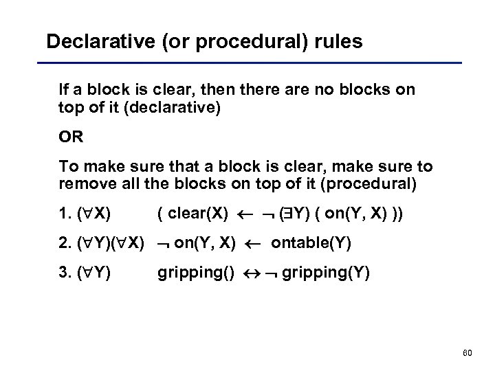 Declarative (or procedural) rules If a block is clear, then there are no blocks