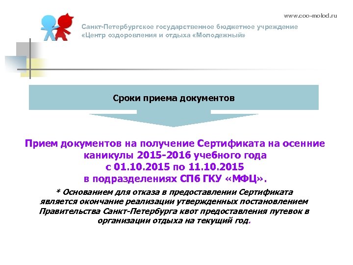 www. coo-molod. ru Санкт-Петербургское государственное бюджетное учреждение «Центр оздоровления и отдыха «Молодежный» Сроки приема