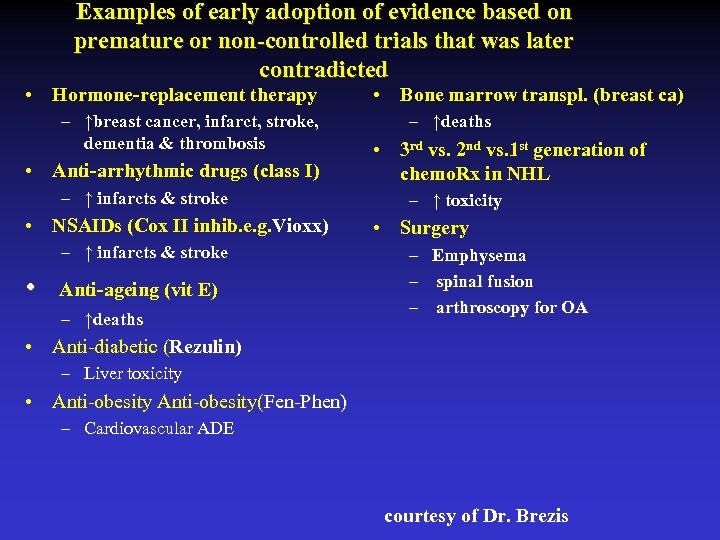Examples of early adoption of evidence based on premature or non-controlled trials that was