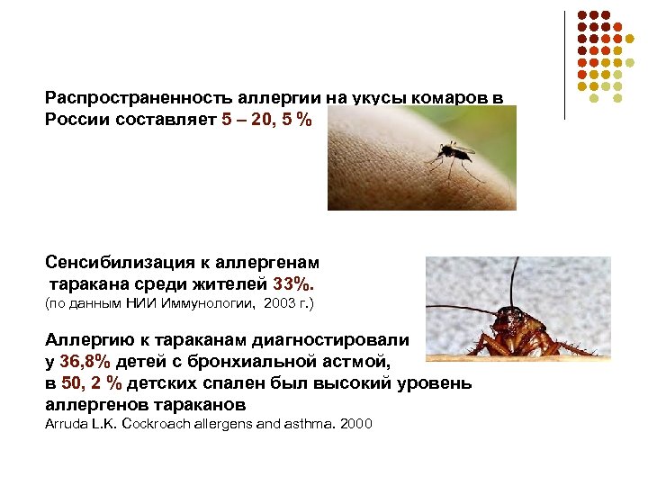 Распространенность аллергии на укусы комаров в России составляет 5 – 20, 5 % Сенсибилизация