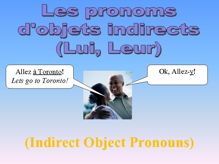 Allez à Toronto! Lets go to Toronto! Ok, Allez-y! (Indirect Object Pronouns) 