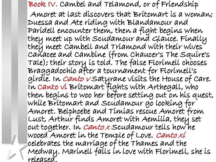 Book IV. Cambel and Telamond, or of Friendship Amoret at last discovers that Britomart