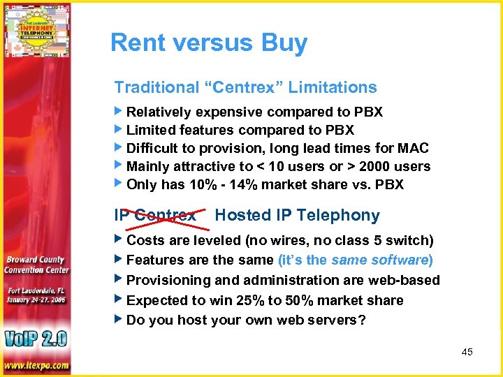 Rent versus Buy Traditional “Centrex” Limitations ▶ Relatively expensive compared to PBX ▶ Limited