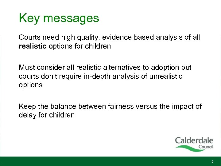 Key messages Courts need high quality, evidence based analysis of all realistic options for