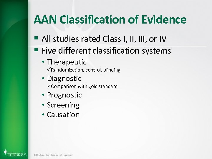 AAN Classification of Evidence § All studies rated Class I, III, or IV §