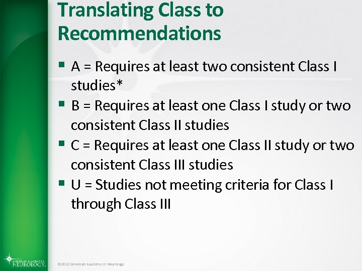 Translating Class to Recommendations § A = Requires at least two consistent Class I