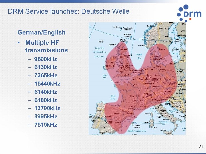 DRM Service launches: Deutsche Welle German/English • Multiple HF transmissions – – – –