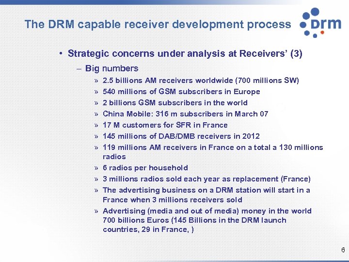 The DRM capable receiver development process • Strategic concerns under analysis at Receivers’ (3)