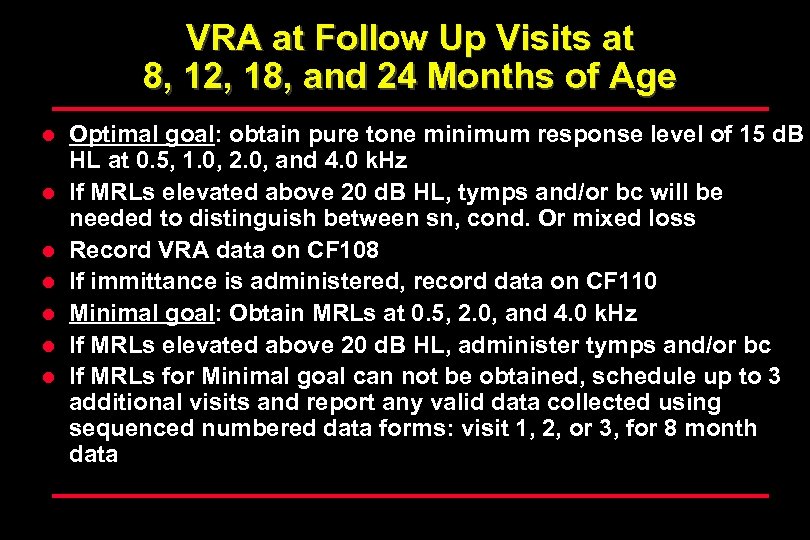 VRA at Follow Up Visits at 8, 12, 18, and 24 Months of Age