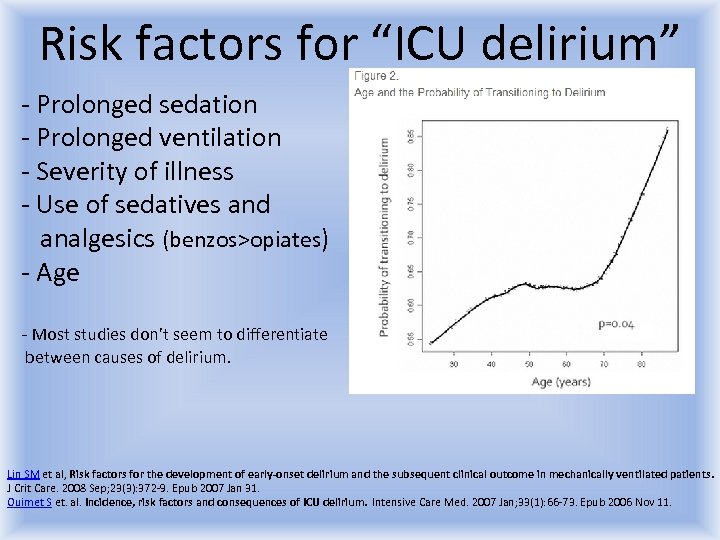 Risk factors for “ICU delirium” - Prolonged sedation - Prolonged ventilation - Severity of