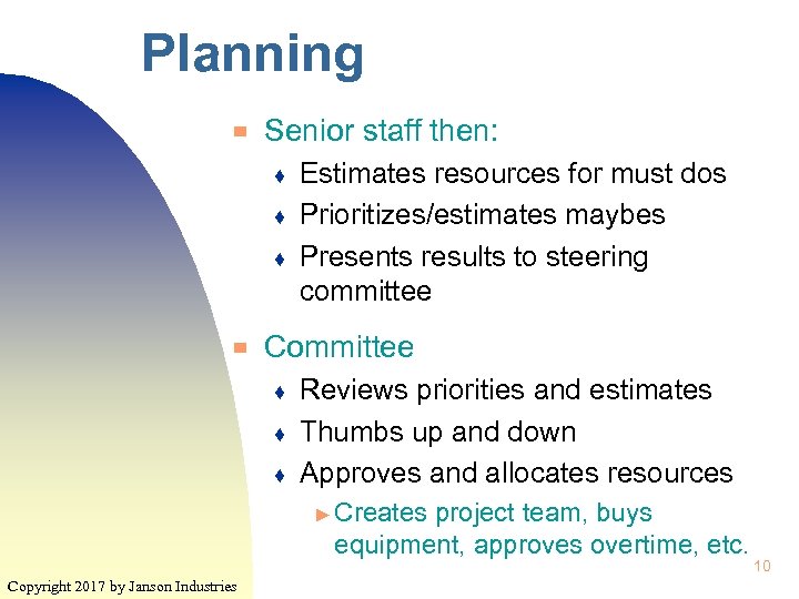Planning ▀ Senior staff then: ♦ ♦ ♦ ▀ Estimates resources for must dos