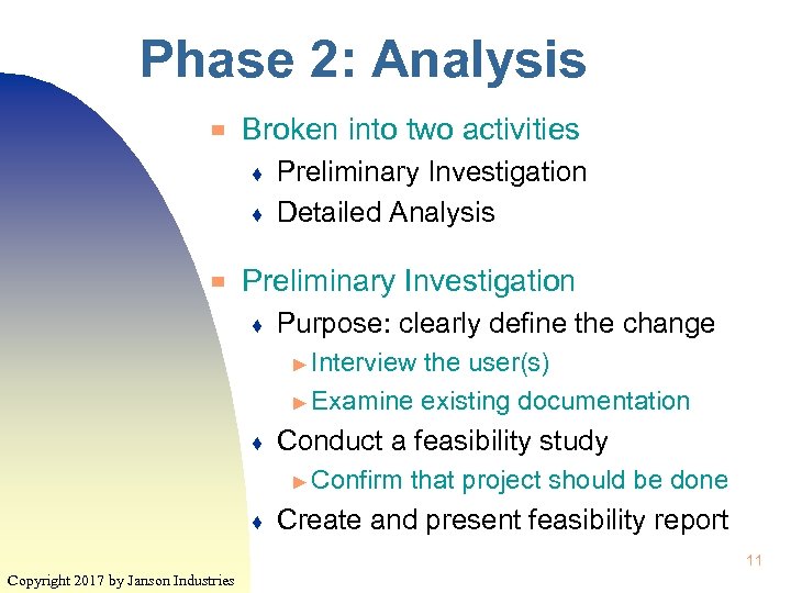 Phase 2: Analysis ▀ Broken into two activities ♦ ♦ ▀ Preliminary Investigation Detailed