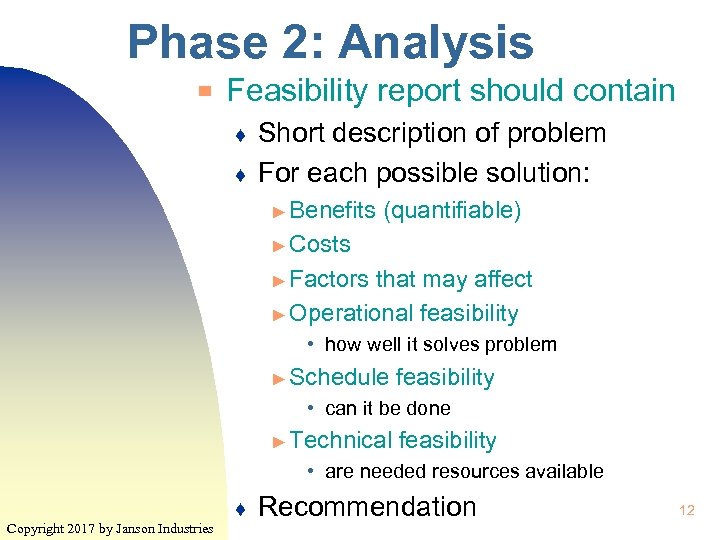 Phase 2: Analysis ▀ Feasibility report should contain ♦ ♦ Short description of problem
