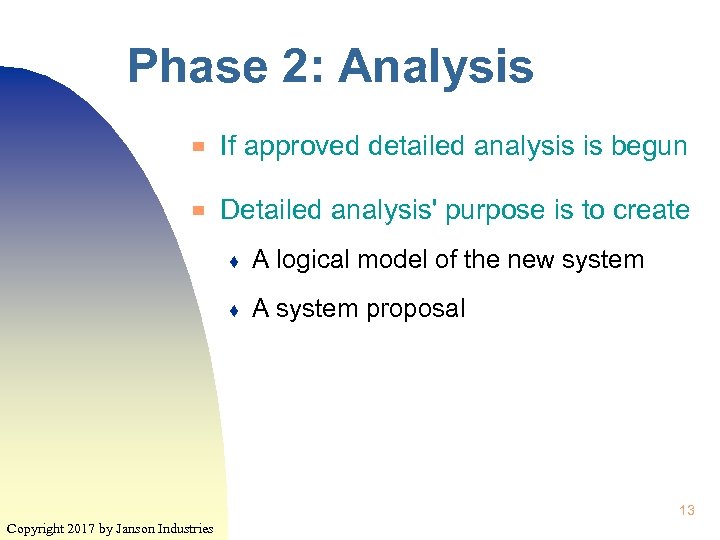 Phase 2: Analysis ▀ If approved detailed analysis is begun ▀ Detailed analysis' purpose