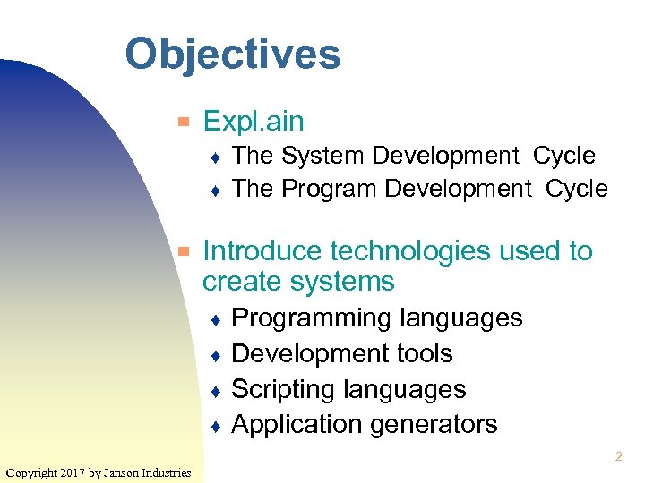 Objectives ▀ Expl. ain ♦ ♦ ▀ The System Development Cycle The Program Development