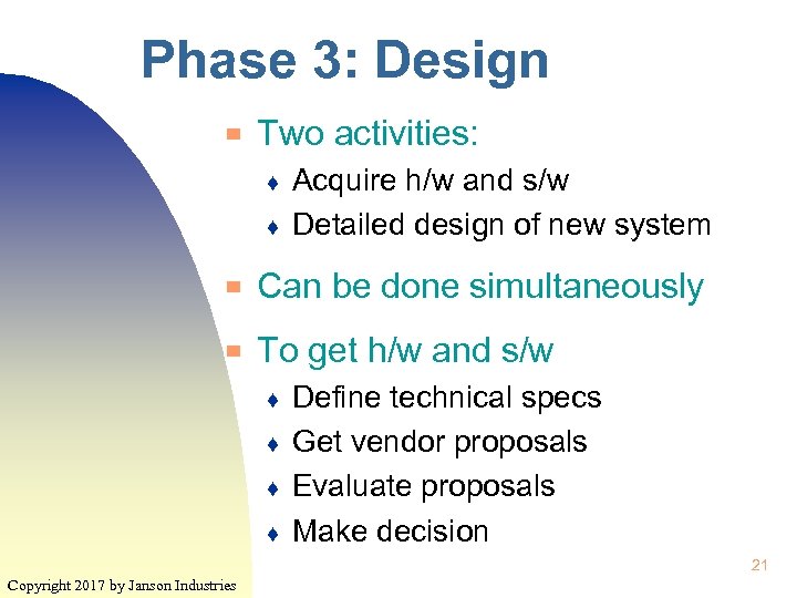 Phase 3: Design ▀ Two activities: ♦ ♦ Acquire h/w and s/w Detailed design