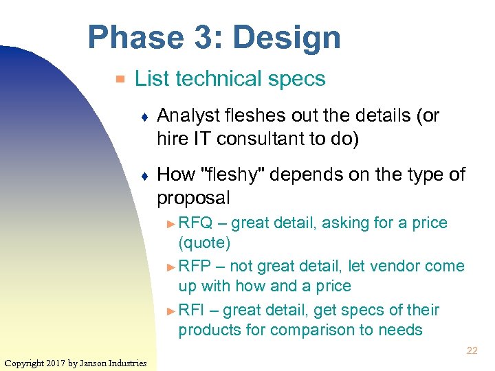 Phase 3: Design ▀ List technical specs ♦ Analyst fleshes out the details (or